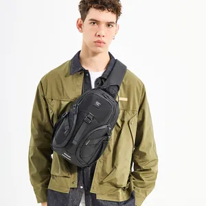 Waterproof black nylon crossbody chest bag with adjustable strap and multiple zipper pockets