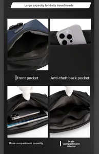 Detail showing multi-layer storage compartments of navy water-resistant nylon waist bag