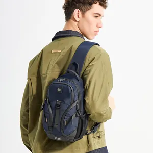 Navy blue lightweight nylon crossbody chest bag for men with multi-zipper compartments