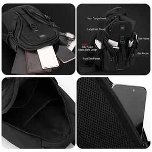 Black multifunctional chest bag with honeycomb breathable back and multi-pocket storage