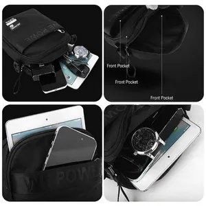 Men's casual black nylon crossbody bag with adjustable strap and multiple storage pockets