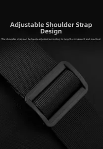 Close-up of adjustable nylon shoulder strap with black plastic buckle for men's bag