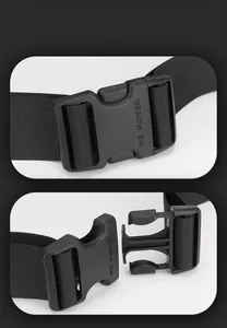 Detail of durable black plastic buckle and high-density nylon strap with brand logo