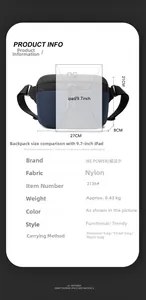 Detailed spec sheet showing navy nylon crossbody bag dimensions and multi-wear options