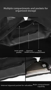 Detail view of the black crossbody bag showing internal compartments and zippered pockets