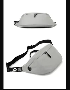 Detailed views of gray waterproof fanny pack with adjustable strap and logo branding