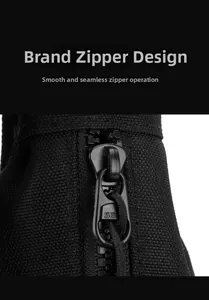 Detailed close-up of smooth black metal zipper on a durable nylon crossbody bag