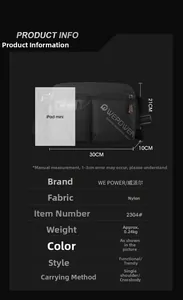 Detailed size chart for black nylon messenger bag with 30cm length and 10cm width dimensions
