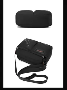 Detailed bottom and side view of durable black nylon crossbody bag for men
