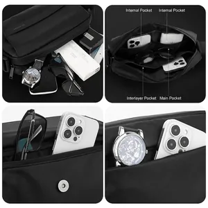 Men's minimalist black nylon crossbody bag with multi-pocket storage and magnetic buckle