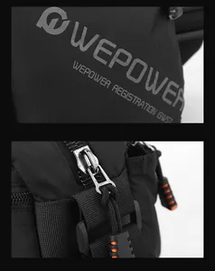 Detail view of black canvas bag featuring WEPOWER logo and zipper with orange accents