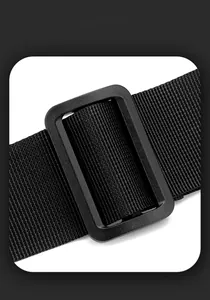 Detail of adjustable black nylon shoulder strap with durable plastic buckle for backpack