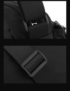 Detail of durable black nylon fabric with reinforced strap and adjustable plastic buckle