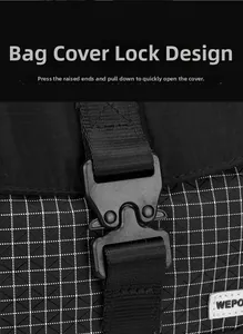 Detail of tactical quick-release buckle on a black crossbody bag with grid pattern fabric