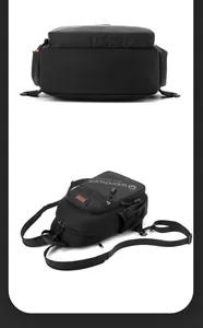 Vue détaillée du sac de poitrine en nylon noir montrant les fermetures et la poche filet latérale