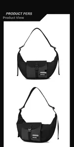Detail of black crossbody bag with checkered pocket and side decorative ribbons