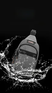 Detailed view of dark grey waterproof nylon sling bag with splash effect for men