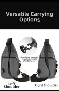 Detail of the detachable swivel hook on a gray sling bag for left or right shoulder carry