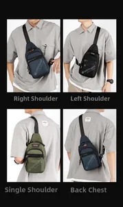 Detail view of versatile men's chest bag showing multi-angle wear and durable nylon fabric