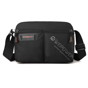 Men's large capacity black nylon messenger bag with adjustable strap and functional pockets