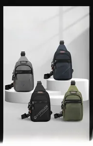 Detailed close-up of lightweight crossbody chest bags in four colors on a tiered display