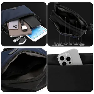 Versatile dark blue cycling sling bag with multi-layer zipper pockets for daily storage
