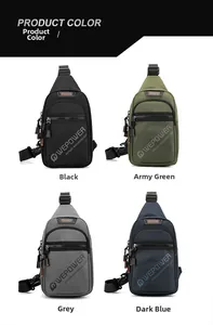 Detail view of water-resistant lightweight crossbody chest bags in four assorted colors