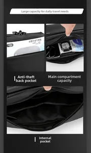 Detail view of anti-theft rear pocket and large main compartment in black crossbody bag