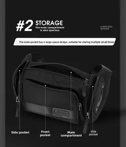 Detail view of the multi-pocket storage design on a waterproof black crossbody sports bag