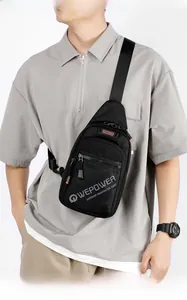 Men's casual black nylon crossbody chest bag with adjustable strap shown on model