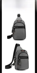 Detail view of grey nylon chest bag with waterproof texture and multi-zipper compartments