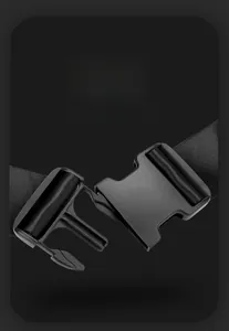 Detailed view of high-quality black plastic buckle and durable nylon strap for waist bags