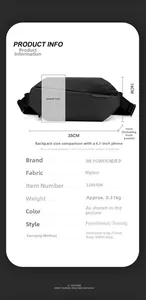 Detailed size guide for black nylon chest bag measuring 35x16x10cm with phone comparison