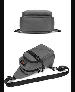 Detail of grey water-resistant sling bag with anti-tear texture and metal buckle