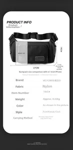 Detailed technical diagram showing large capacity outdoor waist bag dimensions 27x19x11cm