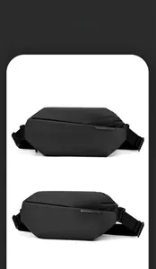 Detail view of water-resistant matte sling bag showing 3D geometric design and metal logo