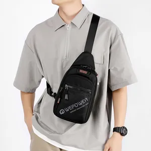Men's minimalist black crossbody chest bag featuring adjustable strap and sleek nylon finish