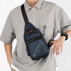 Navy blue nylon men's crossbody chest bag with adjustable strap and front logo print