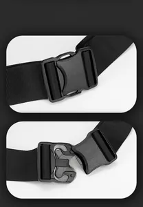 Detail of adjustable plastic buckle and nylon strap on a black tactical chest bag
