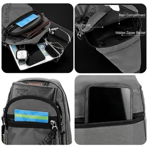 Gray lightweight nylon crossbody chest bag for men with multi-zipper compartments
