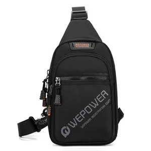 Men's casual black waterproof chest bag with WEPOWER branding and adjustable strap