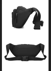 Detail of waterproof black nylon waist bag showing multi-layer pockets and adjustable strap