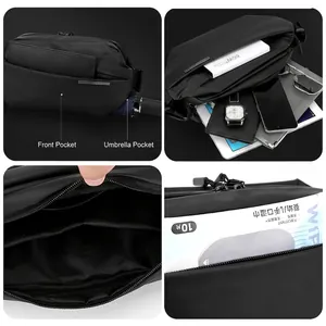 Waterproof black crossbody chest bag with umbrella pocket and multi-layer storage compartments