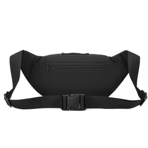 Waterproof black sports waist bag for men featuring adjustable strap and hidden rear pocket