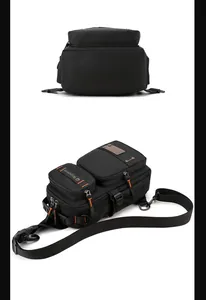Detail view of multifunctional black chest bag with orange stitching and nylon texture