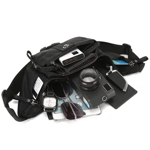 Waterproof black nylon crossbody waist bag for men with multi-zipper storage compartments