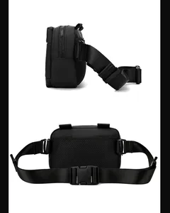 Détail du sac de poitrine tactique noir avec dossier en maille respirante et vue de profil