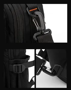 Detail of durable black nylon bag with orange stitching and tactical plastic swivel hook