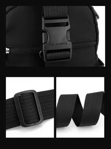 Detail of durable plastic buckle with embossed logo and high-density nylon webbing straps