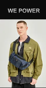 Outdoor multifunctional navy blue nylon chest bag with adjustable strap worn by model